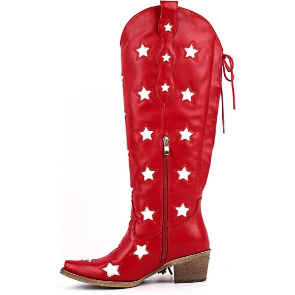 Women Red Star Synthetic Fringe Thigh High Tassel Wide Over Knee Pointed Boot - Picture 2 of 6